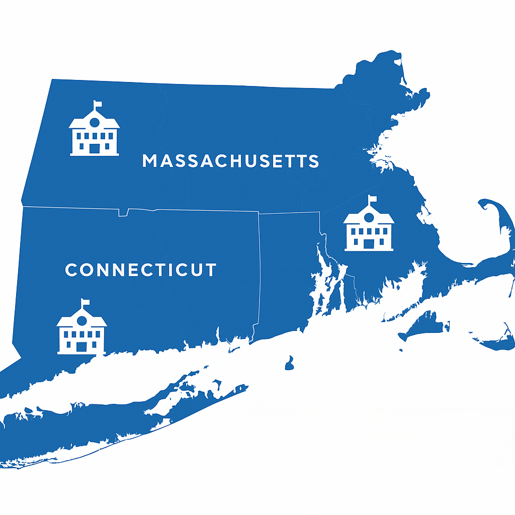 Map of Connecticut and Massachusetts highlighting Prevolt Electric’s education sector electrical services.