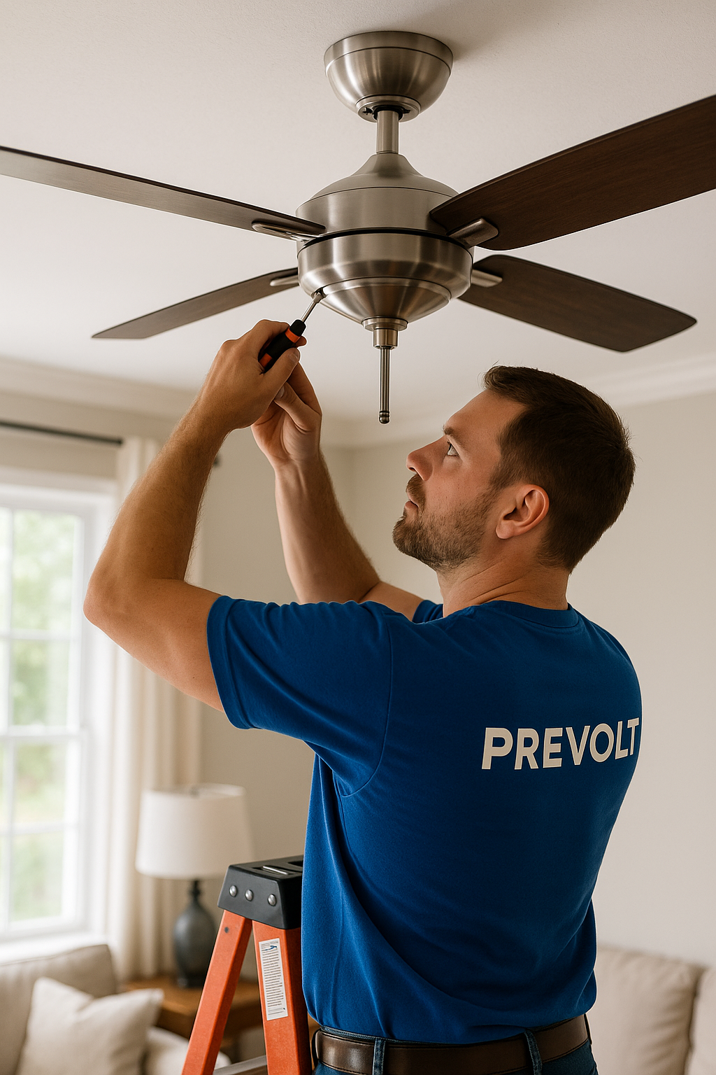 Prevolt Electric technician assembling and installing a new ceiling fan in a bedroom remodel.
