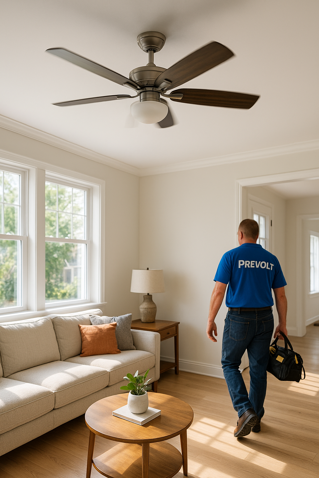 Finished ceiling fan installation in a modern living room completed by Prevolt Electric.