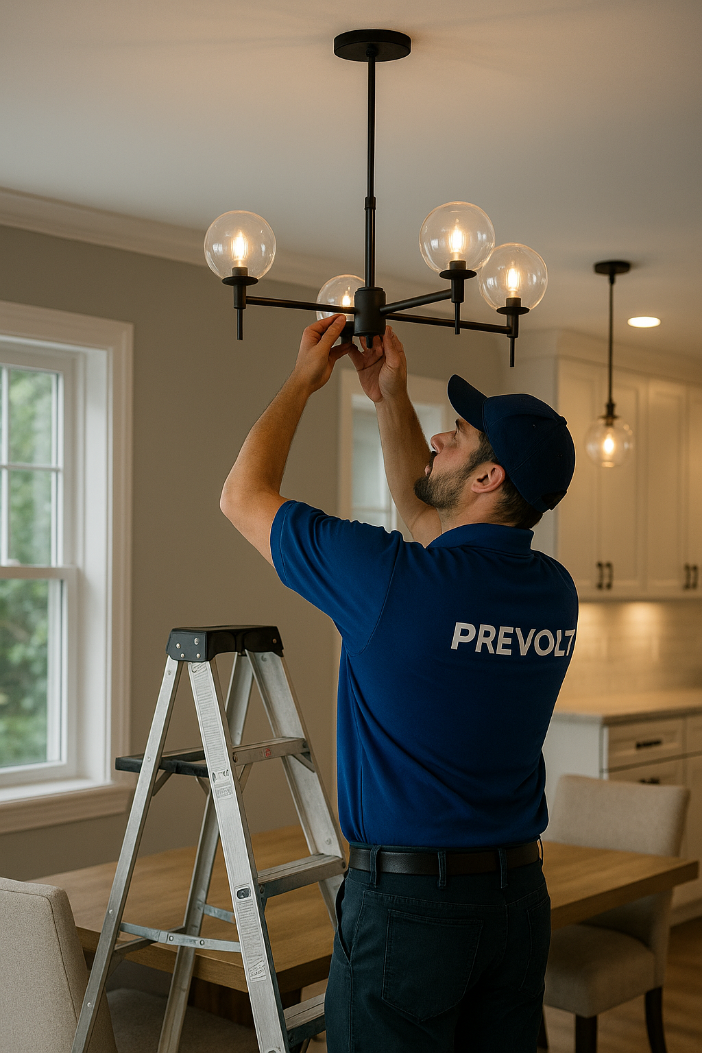 Prevolt Electric chandelier and pendant light installation in a modern dining and kitchen space.