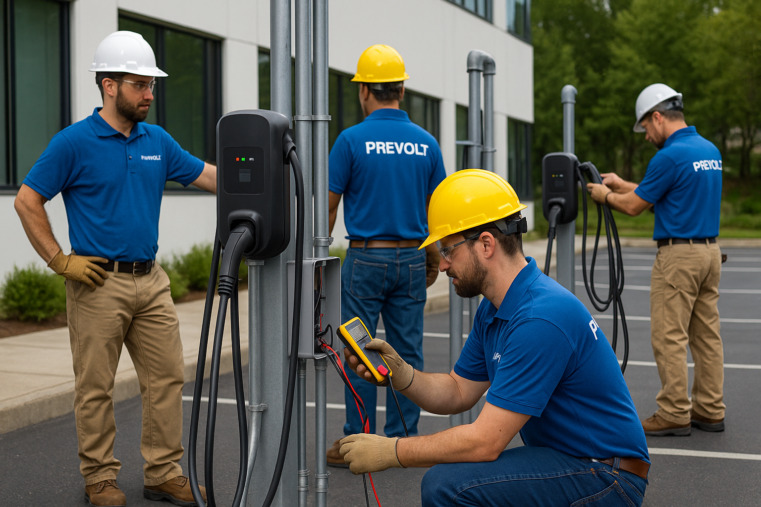 Licensed Prevolt Electric technicians installing and wiring commercial EV chargers at a Connecticut business parking lot, performing voltage testing and final inspection.