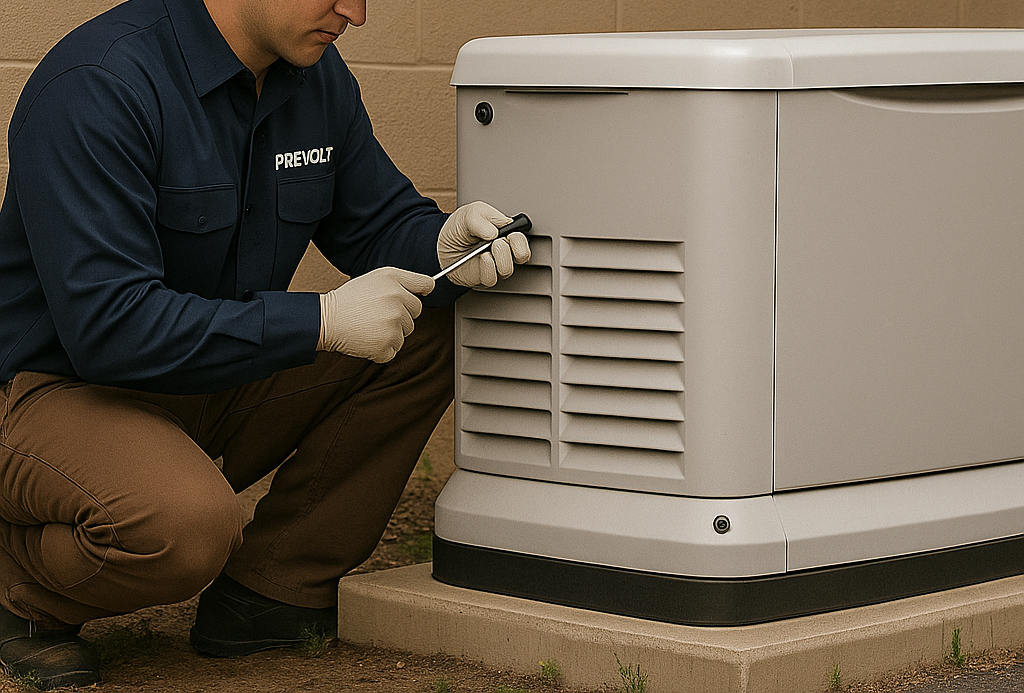Licensed Prevolt Electric technician installing a commercial standby generator for reliable backup power.