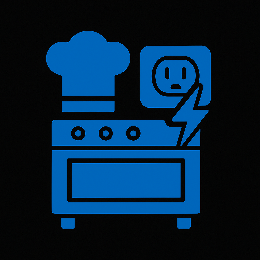 Prevolt Electric restaurant and commercial kitchen electrical icon in blue, showing stove, outlet, and lightning bolt on dark background.