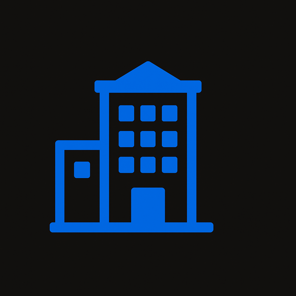 Blue commercial building icon representing Prevolt Electric’s EV charger installation services for retail, office, and corporate properties in Connecticut and Massachusetts.