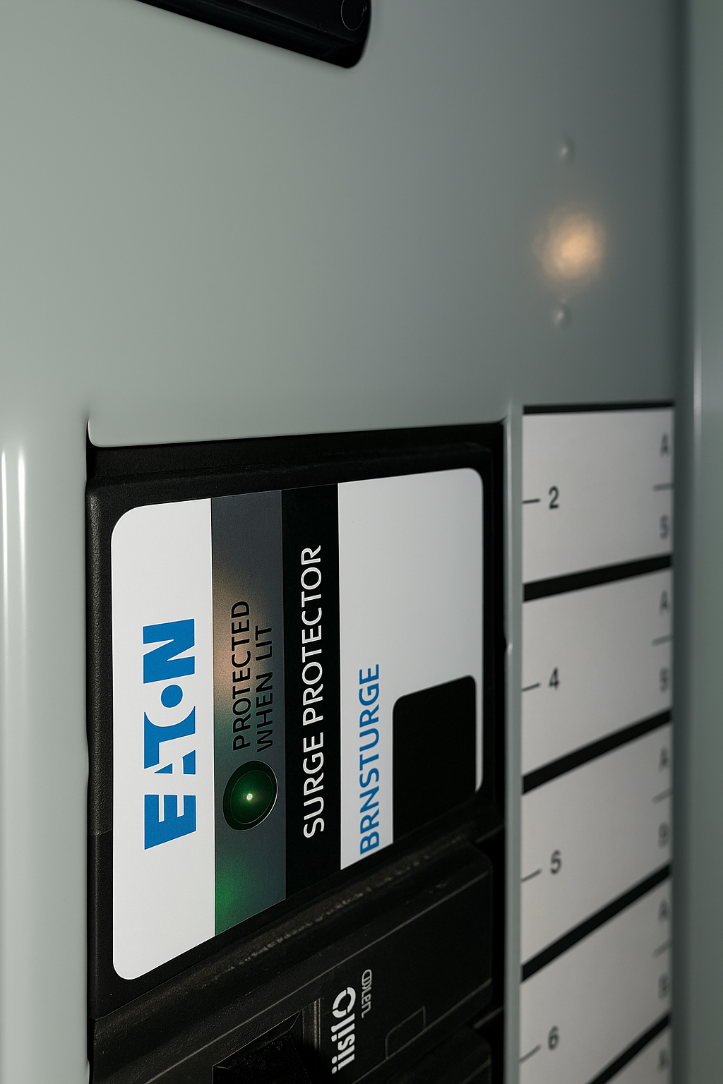 Eaton BRNSURGE surge protector installed in a clean Prevolt Electric panel, symbolizing whole-home protection for customers in CT and Western MA.