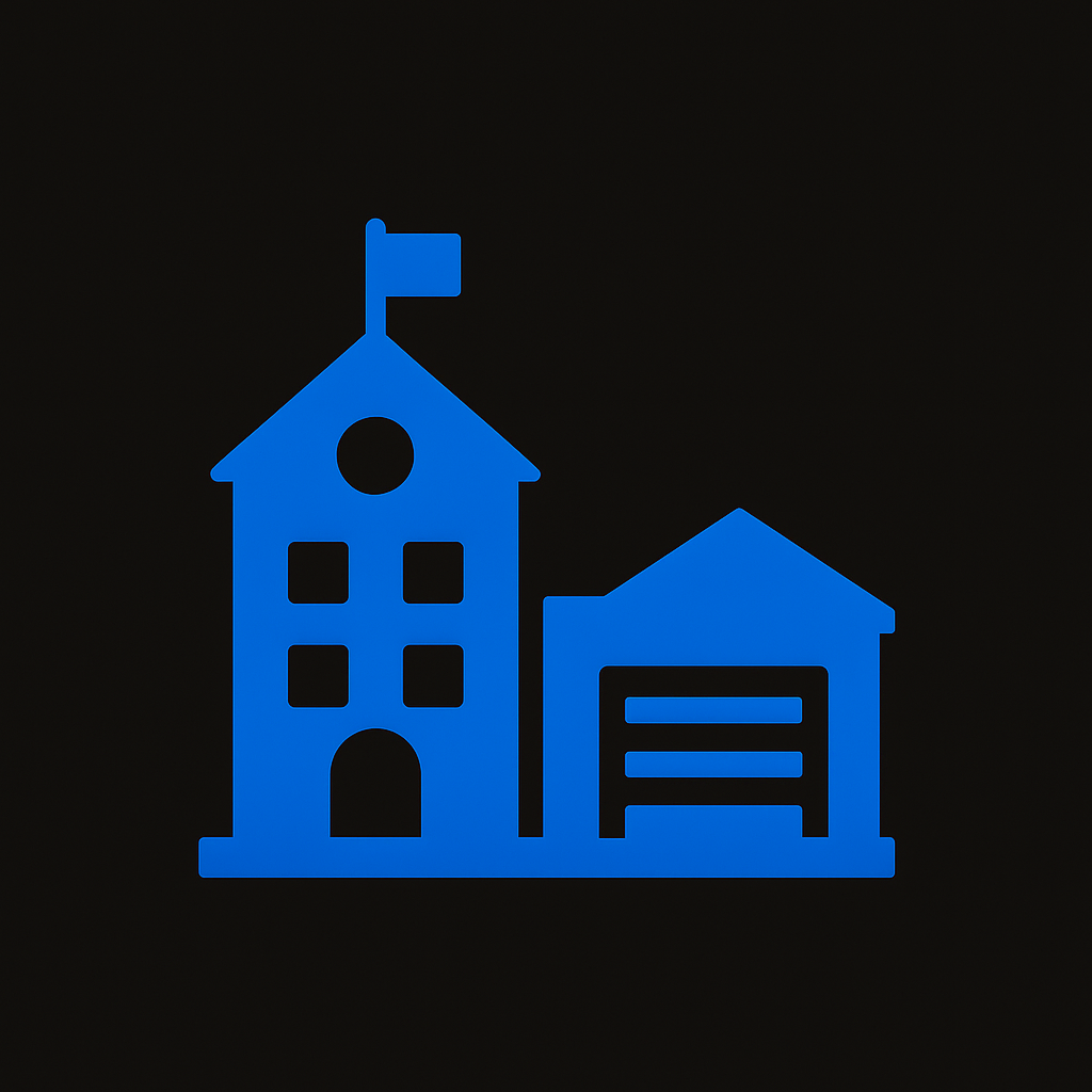 Blue school and fleet building icon representing Prevolt Electric’s work for educational and fleet facilities in Connecticut and Massachusetts.