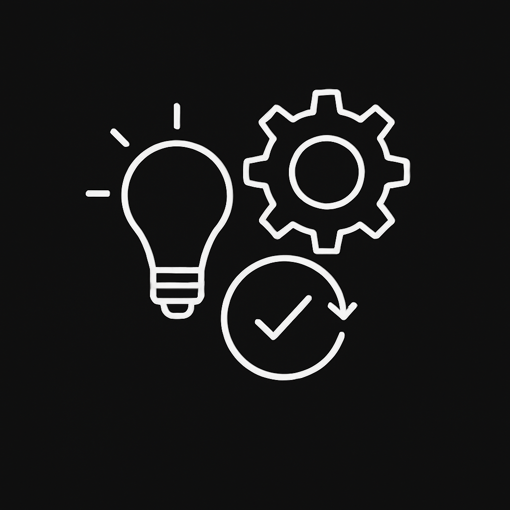 Minimalist white icon featuring a light bulb, gear, and circular checkmark on a black background representing Prevolt Electric’s commitment to efficiency and modern electrical design.