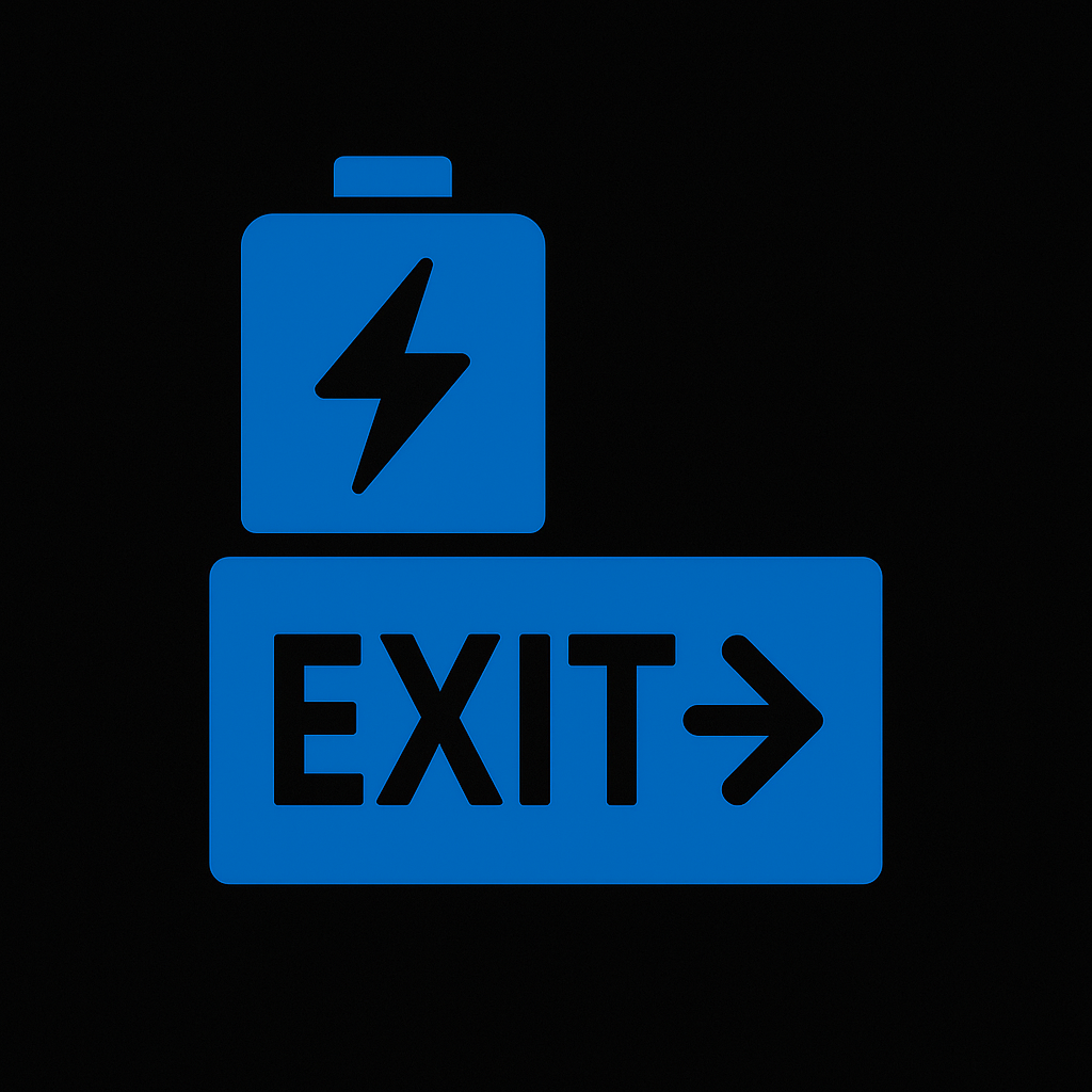 Prevolt Electric emergency lighting and exit system icon with blue battery and lightning bolt on dark grey background.