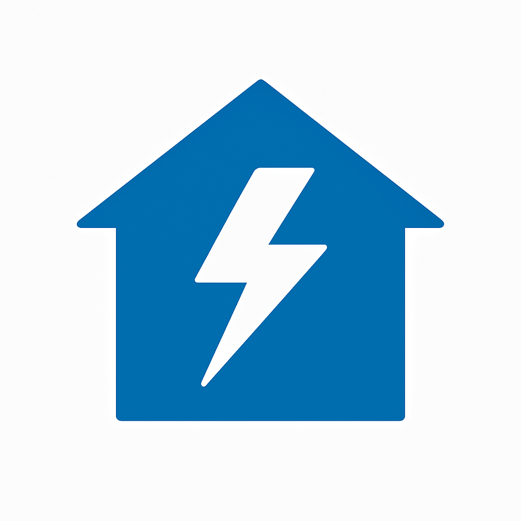 Blue house icon with white lightning bolt representing energy efficiency and power optimization from Prevolt Electric