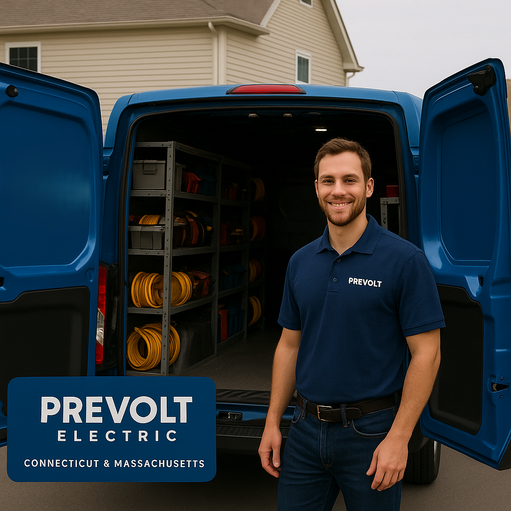 Prevolt Electric technician beside a fully stocked service van ready for on-site troubleshooting and repair work.