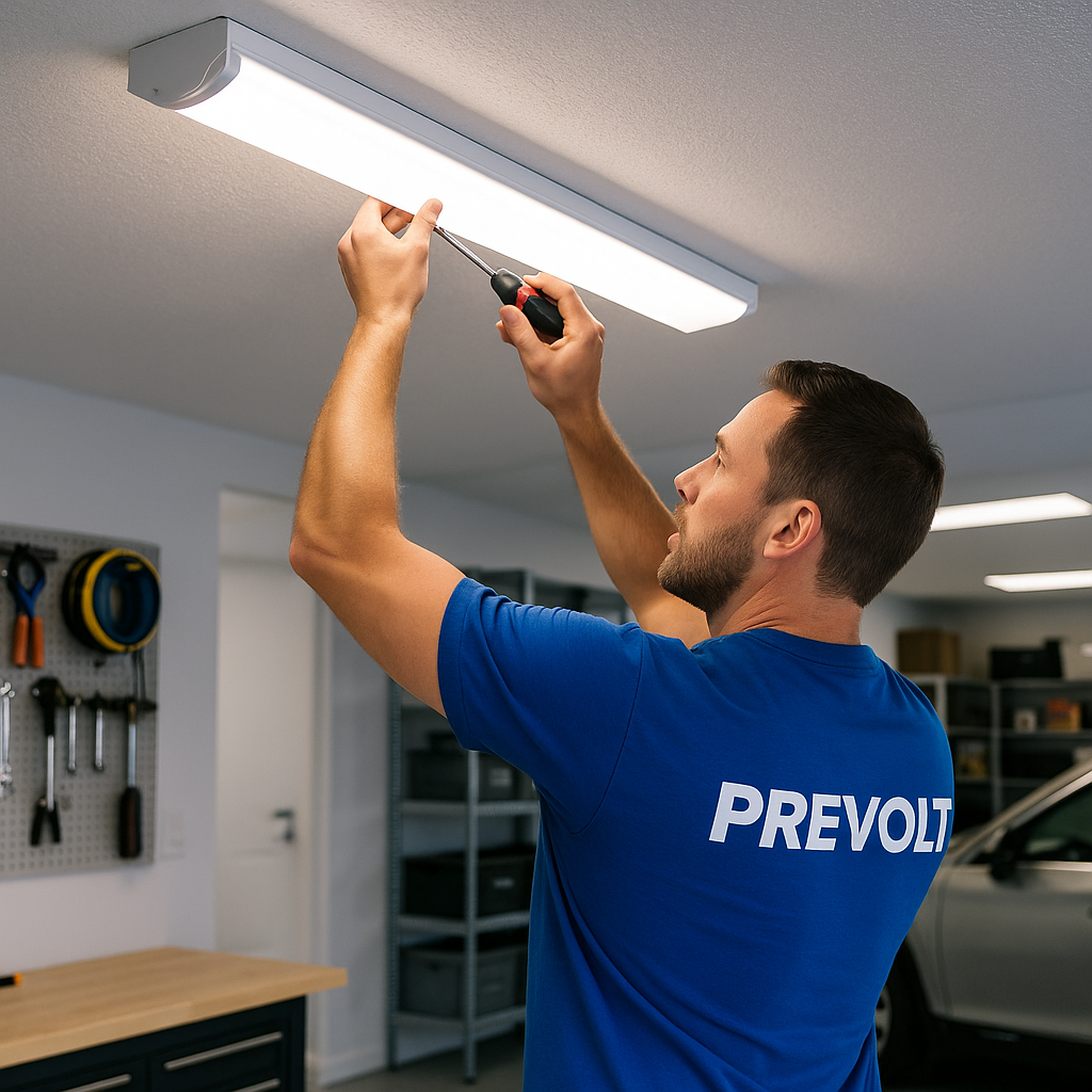 Prevolt Electric technician in a blue Prevolt shirt installing a bright LED ceiling light fixture in a clean, organized residential garage with tools and shelving.