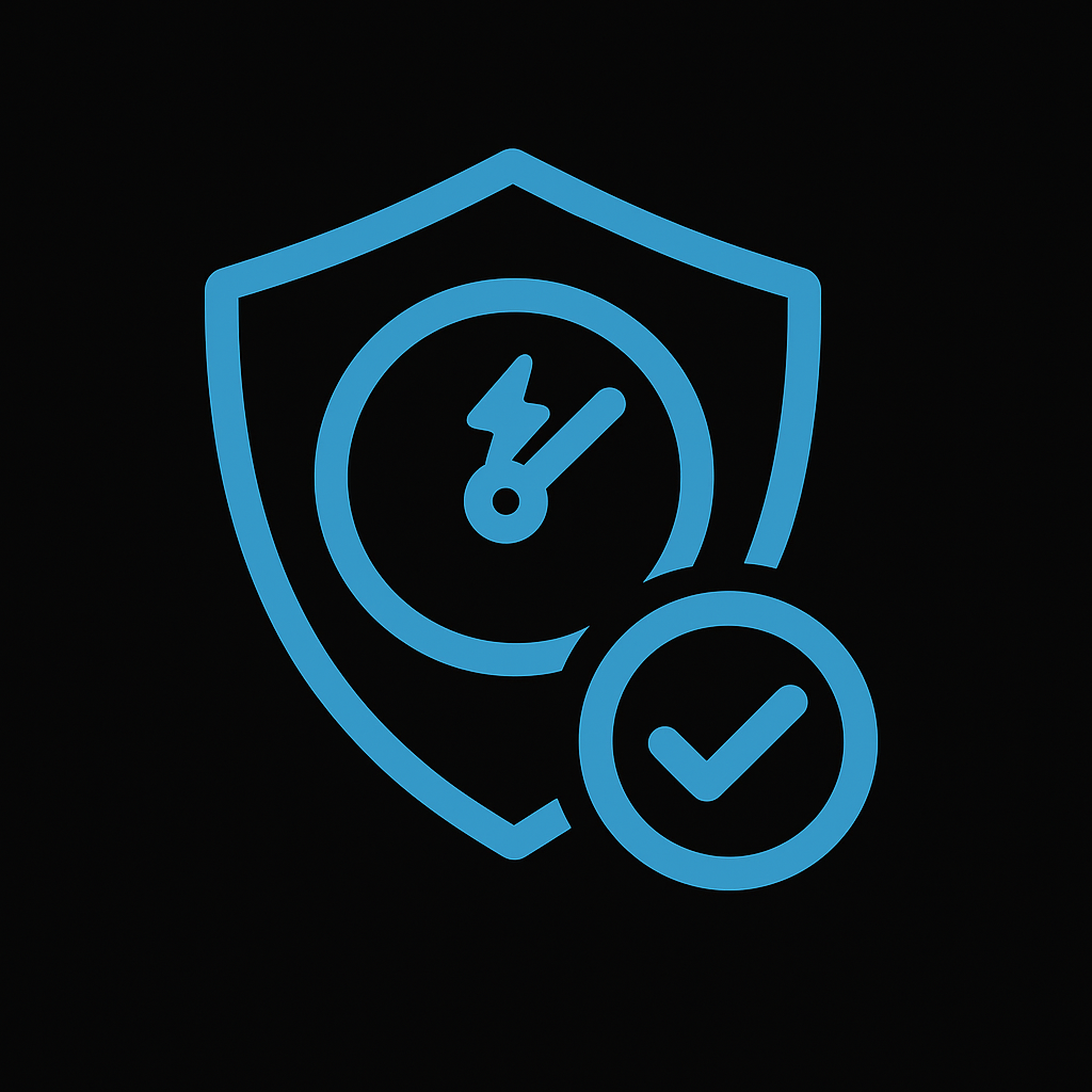 Blue shield and voltmeter icon with a checkmark on black background representing load testing and compliance inspections by Prevolt Electric.