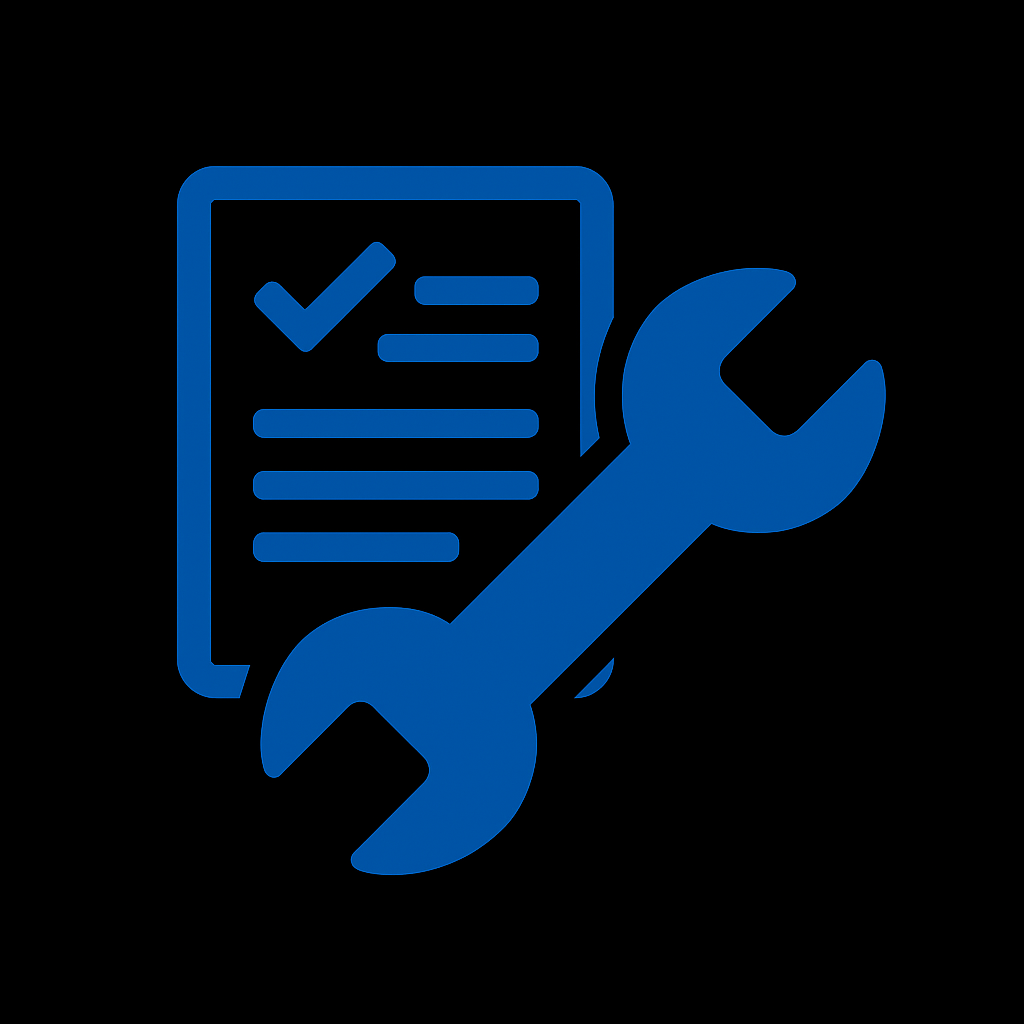 Blue wrench and checklist icon on black background representing generator maintenance by Prevolt Electric.