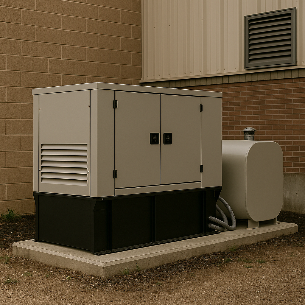 Industrial diesel standby generator installed outside a commercial building by Prevolt Electric, providing reliable backup power in Connecticut.