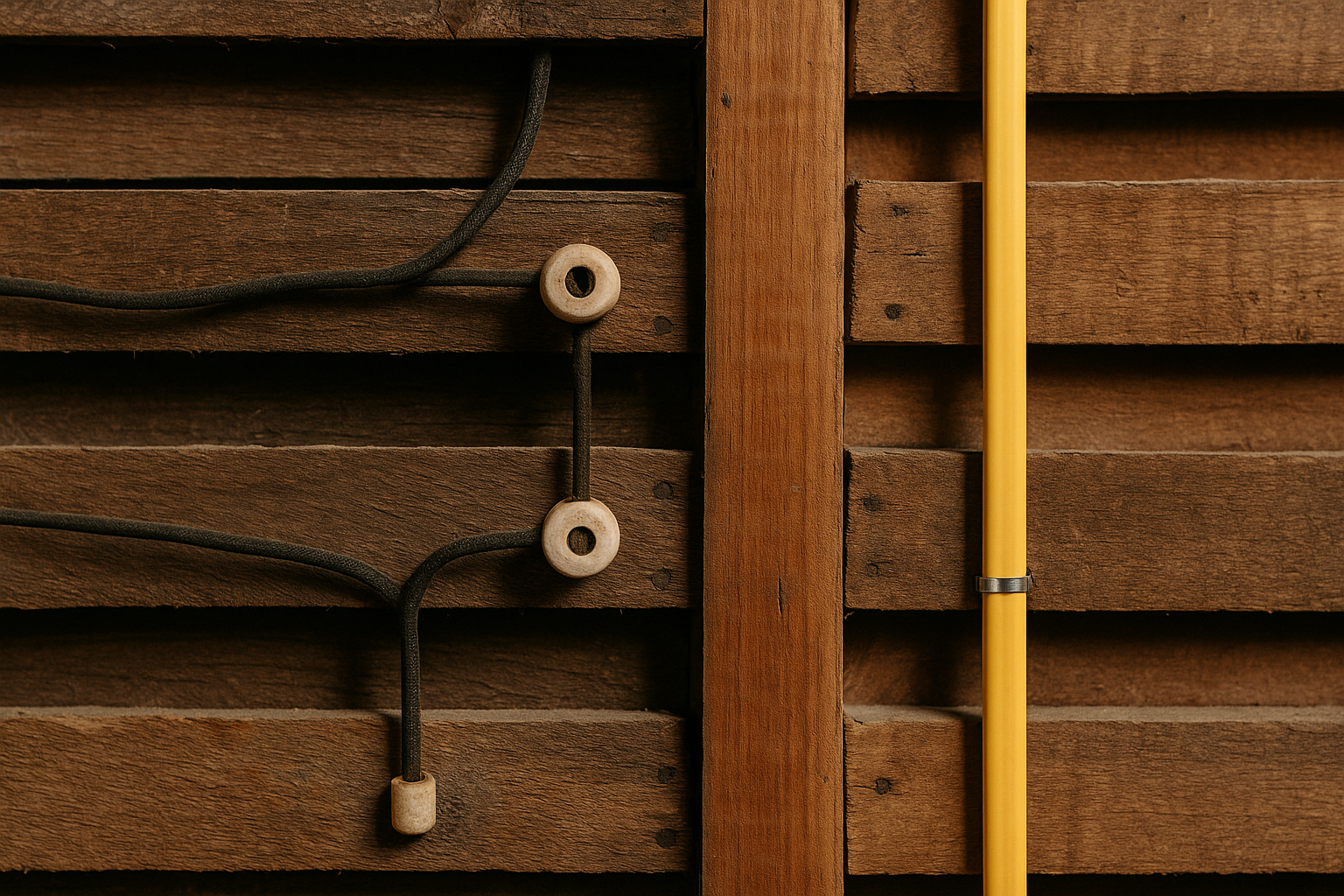 Side-by-side view showing old knob and tube wiring next to modern Romex installation in a Connecticut home wall