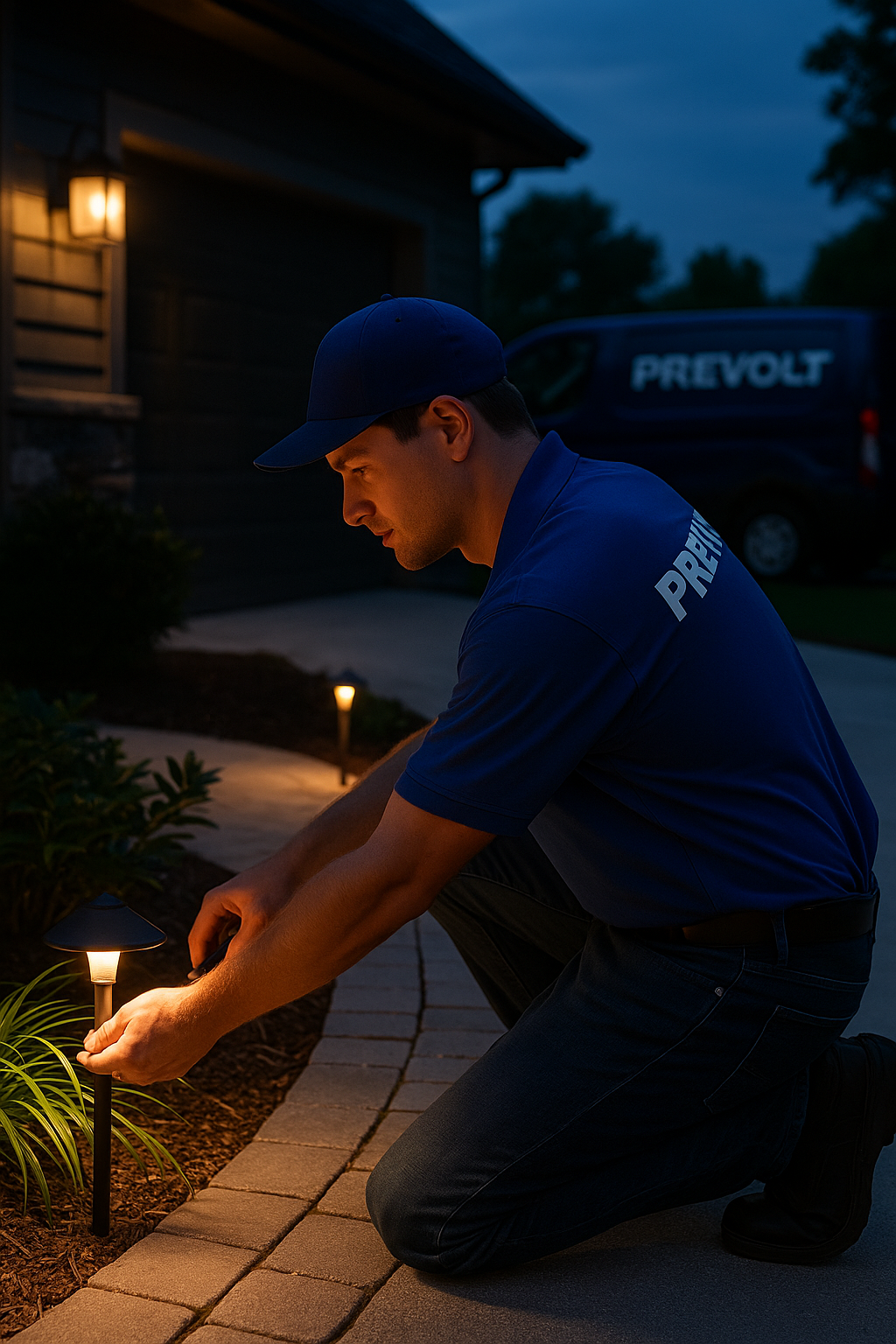 Prevolt Electric technician in a blue Prevolt shirt installing low-voltage LED pathway lights along a stone walkway at dusk with a Prevolt van in the background.