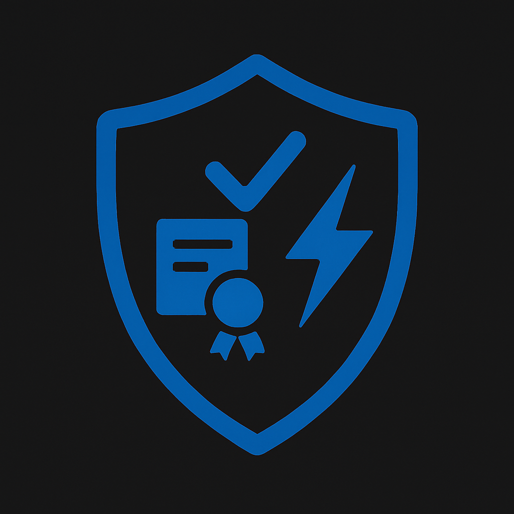 Prevolt Electric icon of a blue shield with checkmark, certification badge, and lightning bolt representing licensed and insured electricians.
