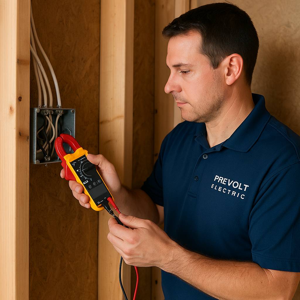 Prevolt Electric master electrician testing upgraded wiring with a digital multimeter in a residential electrical panel in Connecticut