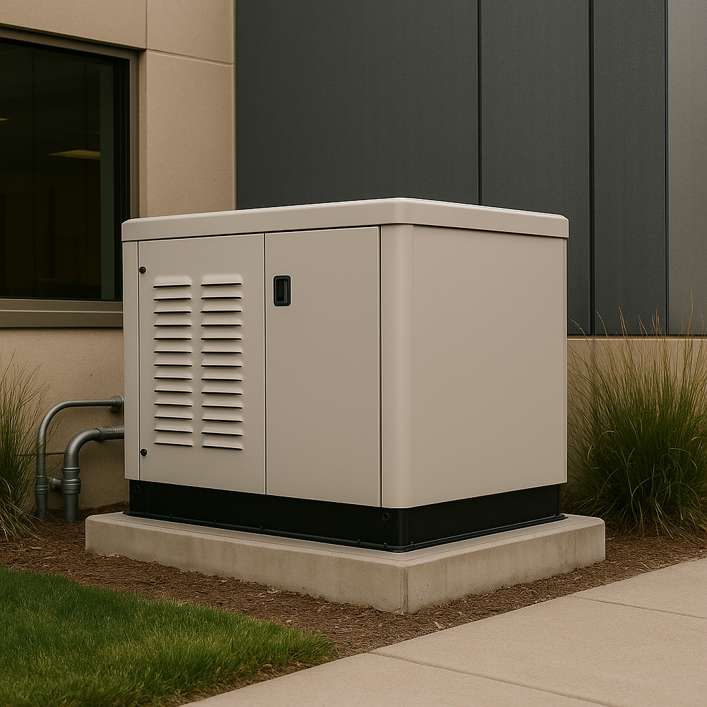 Natural gas commercial generator installed with professional conduit and gas piping connections for backup power.