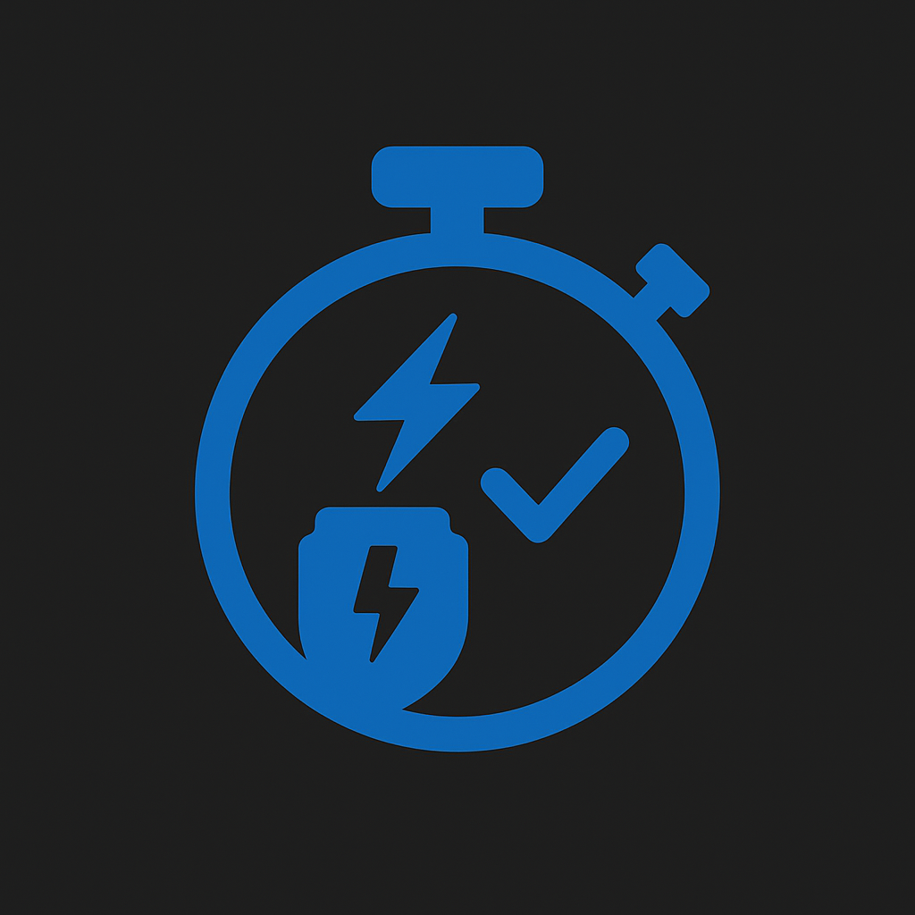 Prevolt Electric blue stopwatch icon with lightning bolt and checkmark on dark background representing on-time and on-budget delivery.