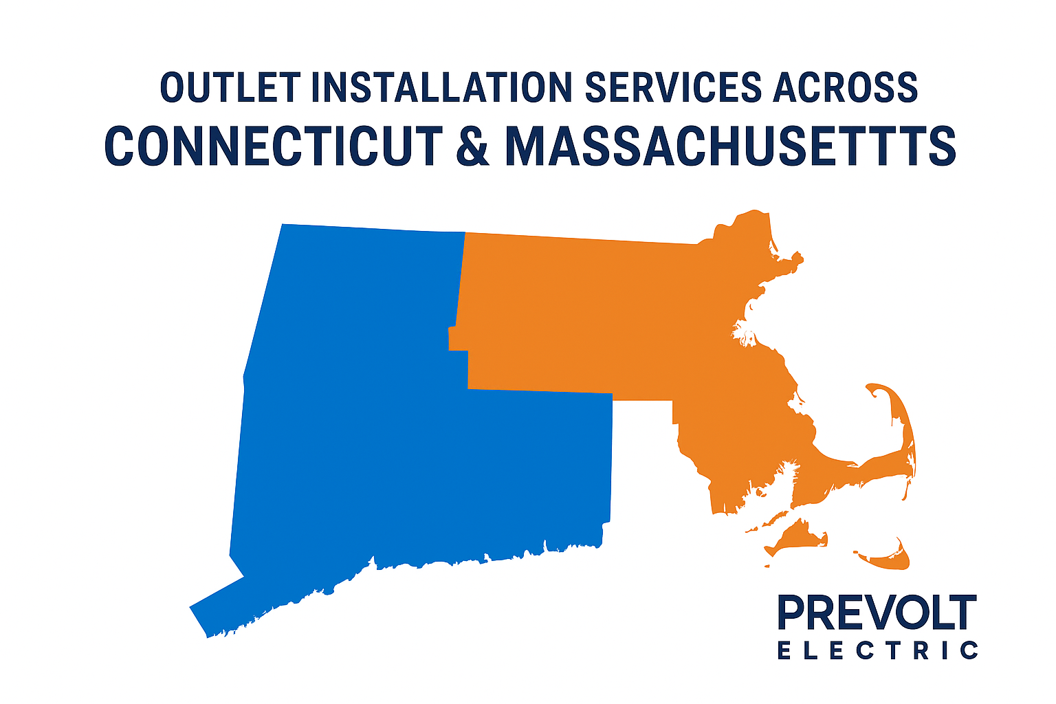 Map showing outlet installation services across Connecticut and Massachusetts by Prevolt Electric with states highlighted in blue and orange.