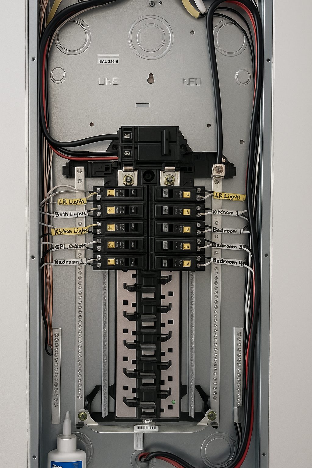 Neatly wired residential electrical panel installation by Prevolt Electric.