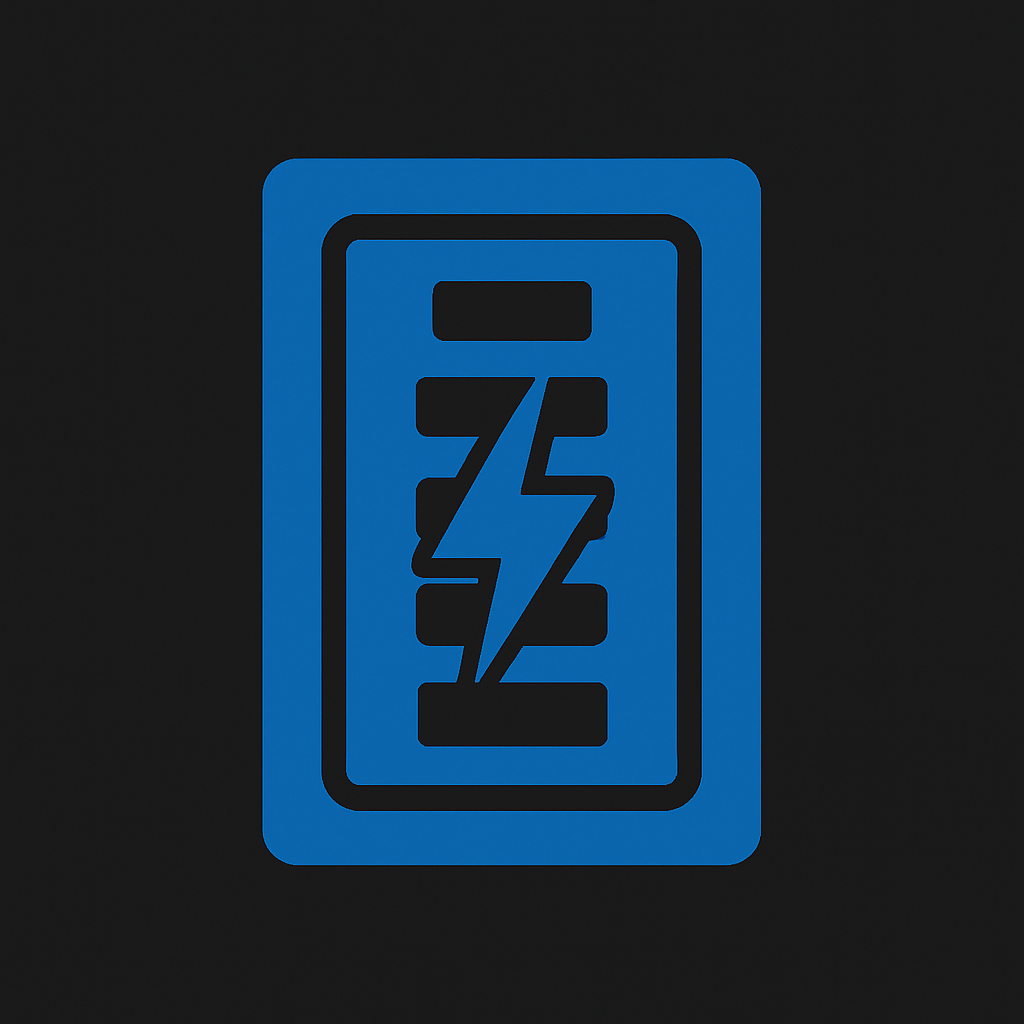 Prevolt Electric icon of blue electrical panel with lightning bolt symbol on dark background representing power distribution and panel upgrades.