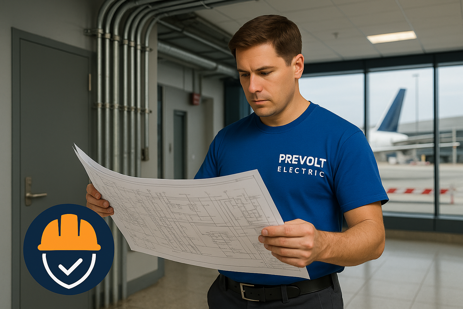 Prevolt Electric project manager in a blue company shirt reviewing electrical blueprints for a federal facility and airport site, overseeing project coordination and compliance.