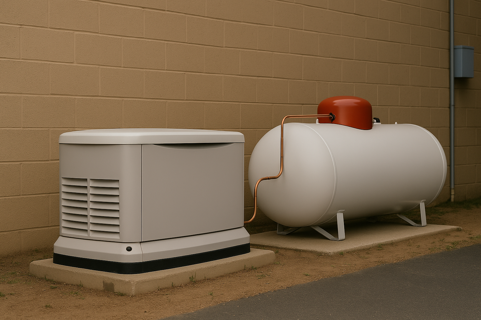 Propane standby generator installed beside a propane tank for reliable backup power.