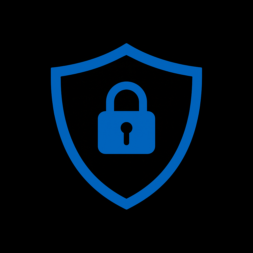 Blue shield and padlock icon on black background representing protection of inventory, data, and equipment for Prevolt Electric commercial generator services.
