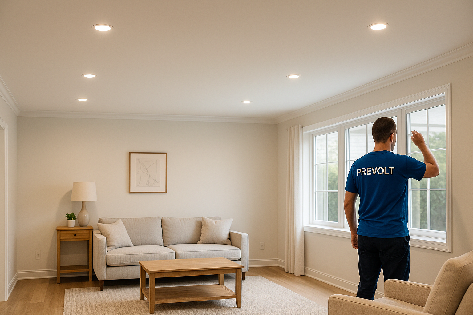 Prevolt Electric technician in a blue Prevolt shirt adjusting newly installed recessed LED ceiling lights in a bright, modern living room.