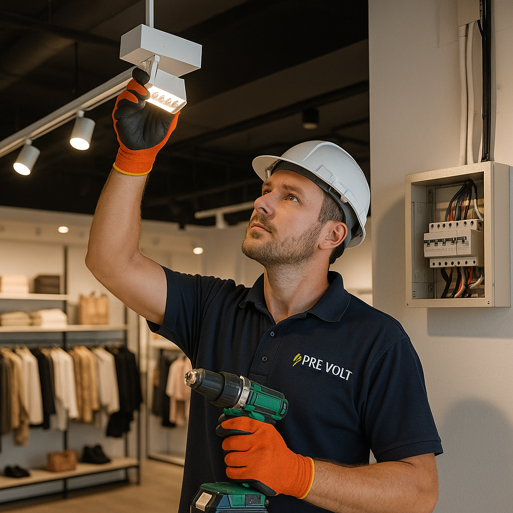 Prevolt Electric technician installing commercial lighting in a retail interior.
