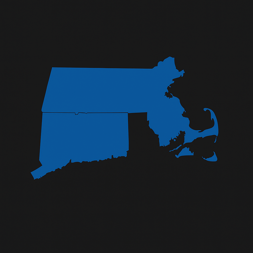 Map of Connecticut and Massachusetts highlighted in Prevolt Blue showing Prevolt Electric’s retail electrical service areas.