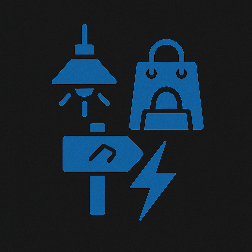 Prevolt Electric icon showing a retail storefront, lighting fixture, and lightning bolt on dark background representing retail electrical expertise.