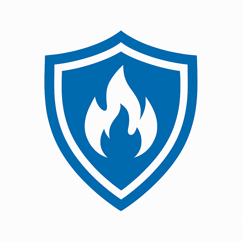 Blue shield icon symbolizing electrical safety and fire prevention used by Prevolt Electric for whole-home rewire services