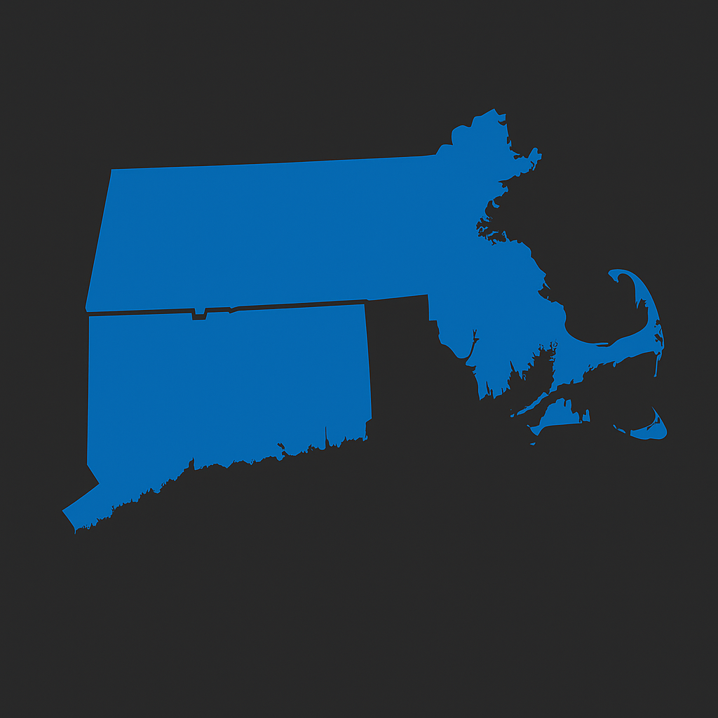 Map highlighting Connecticut and Massachusetts in blue to represent Prevolt Electric’s whole-home rewiring service area