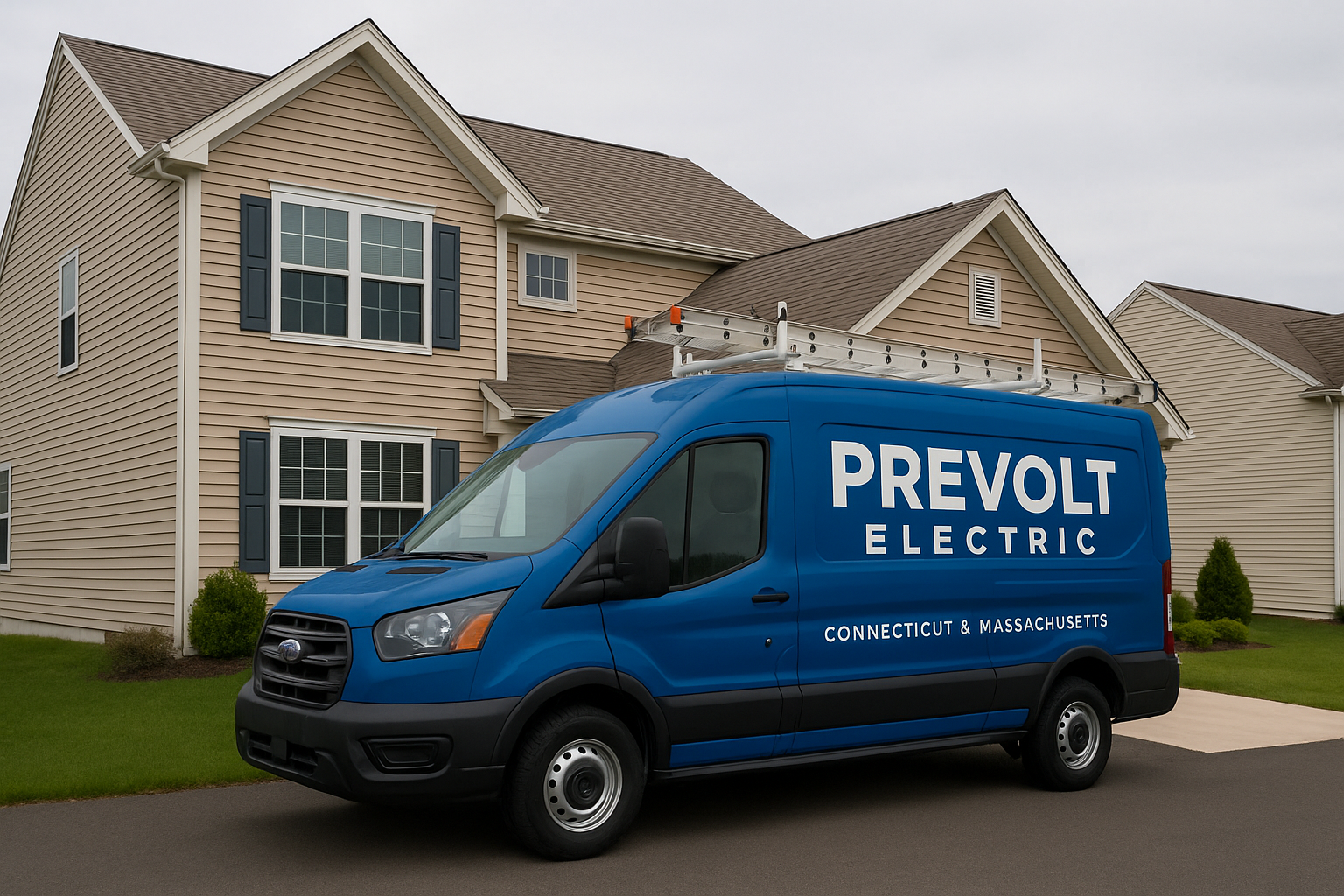 Prevolt Electric service van parked outside a Connecticut home after electrical panel upgrade.