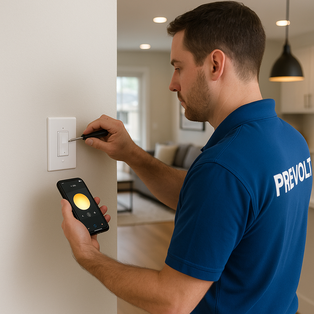 Prevolt Electric technician in a blue Prevolt shirt installing a smart dimmer switch while using a smartphone to control connected lighting in a modern Connecticut home.