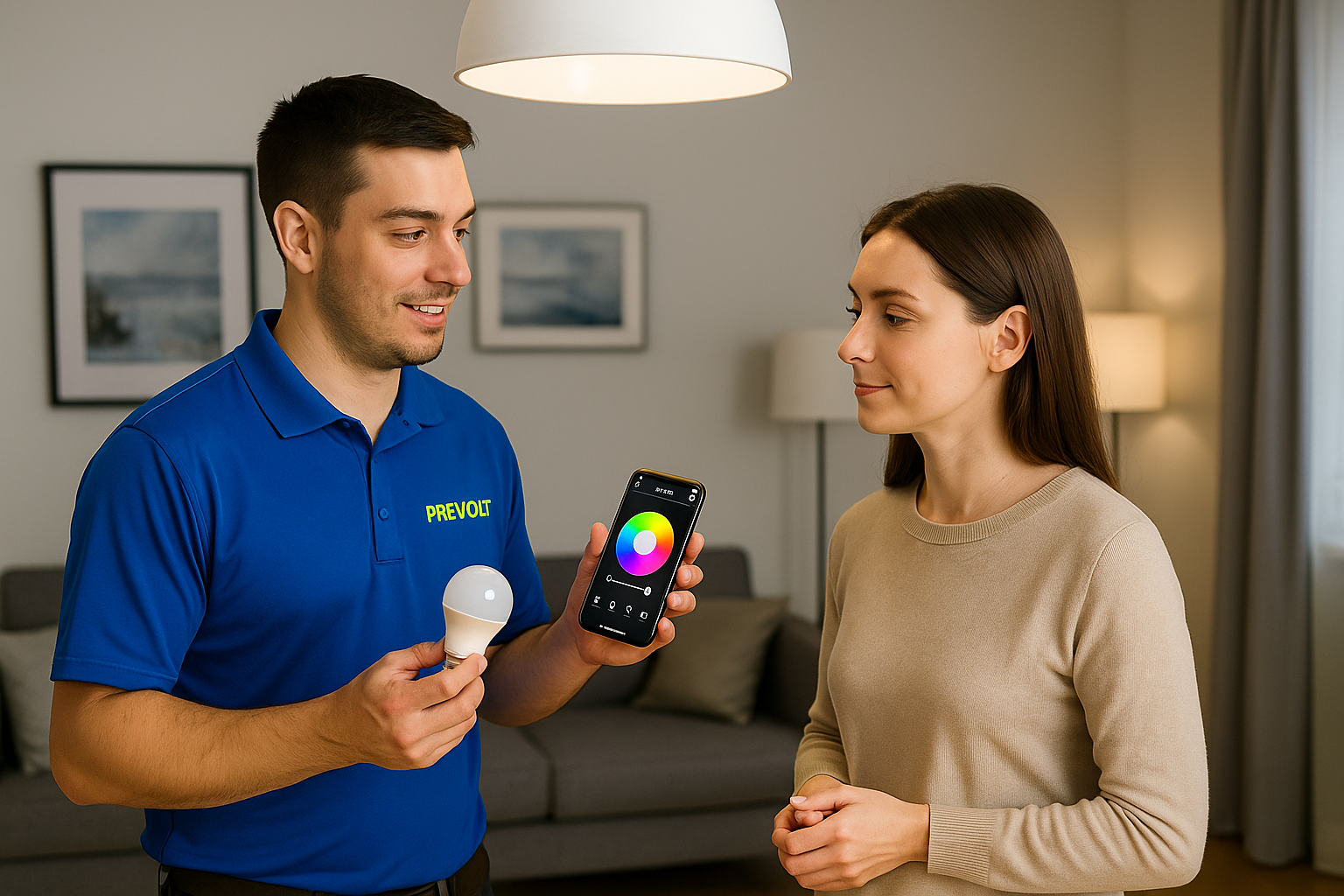 Prevolt Electric technician demonstrating smart LED lighting control to a homeowner during an energy-efficient upgrade in a Massachusetts home.