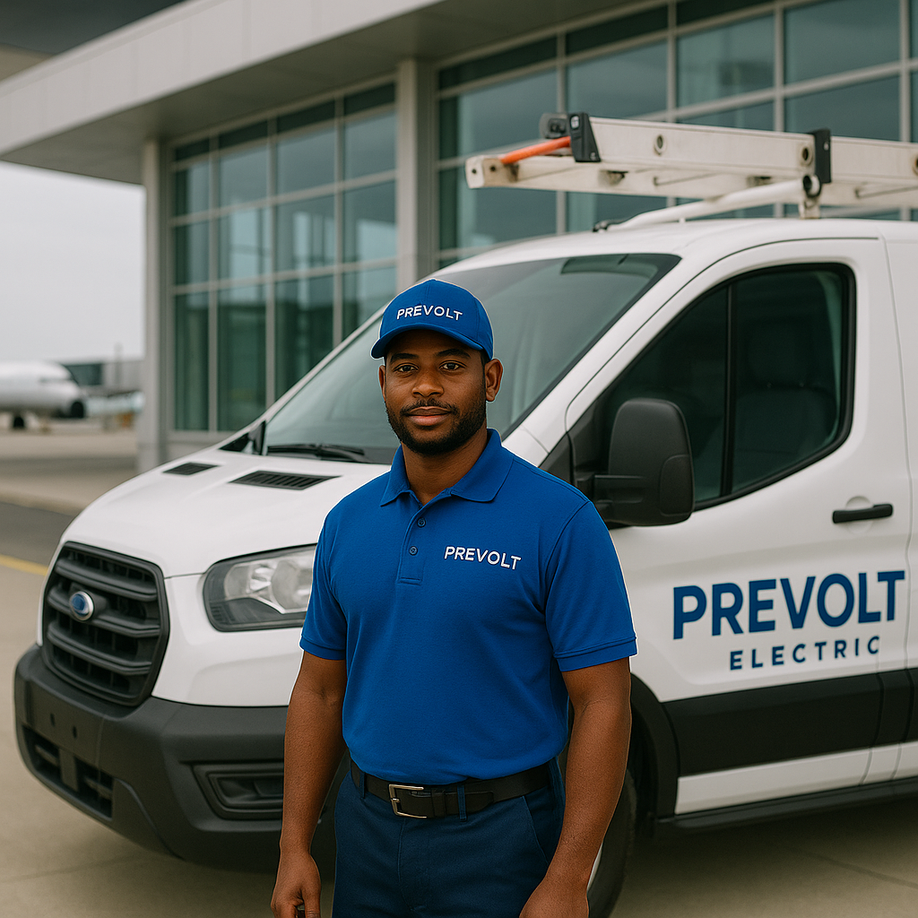 Prevolt Electric technician standing beside a branded service van outside an airport terminal in Connecticut, representing aviation and transportation electrical services.