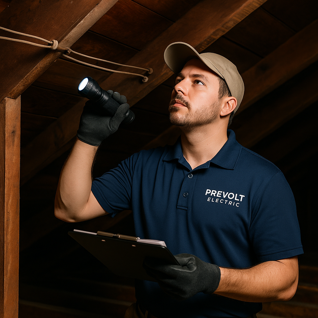Licensed electrician from Prevolt Electric performing $199 knob and tube wiring evaluation in a Connecticut attic with flashlight and clipboard