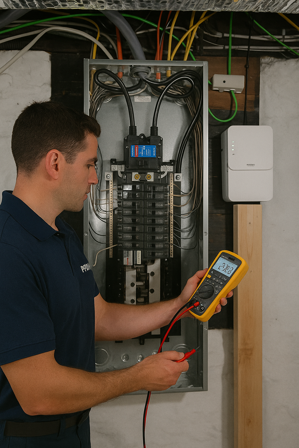 Prevolt Electric technician performing an electrical panel safety inspection.