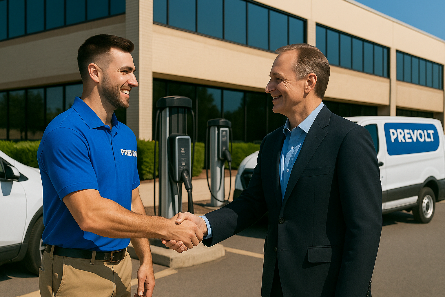 Prevolt Electric technician in blue shirt labeled “Prevolt” shaking hands with a business owner beside newly installed EV chargers and a Prevolt van outside a Connecticut office building.