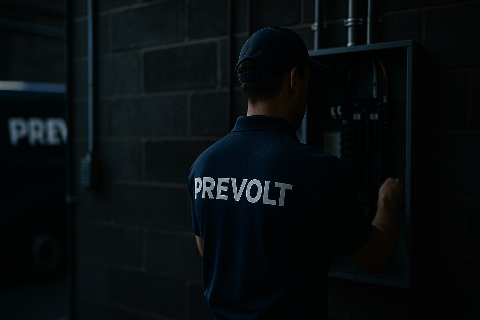Prevolt Electric technician working on an electrical panel inside a commercial facility.