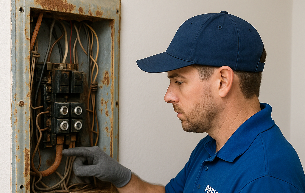 Licensed Prevolt Electric technician inspecting rusted electrical fuse panel with worn wires and documenting issues on clipboard in Connecticut home.