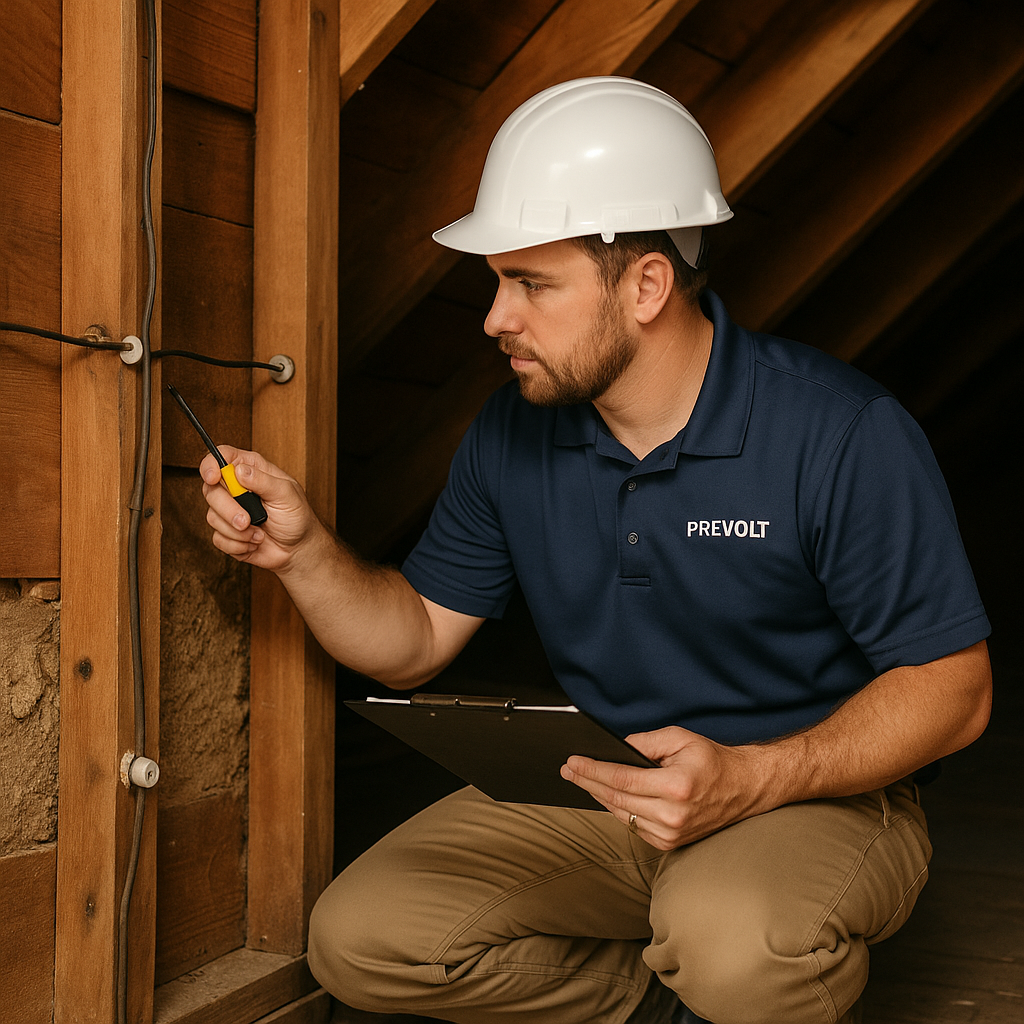 Prevolt Electric technician inspecting knob and tube wiring in an attic during electrical safety assessment in Connecticut home