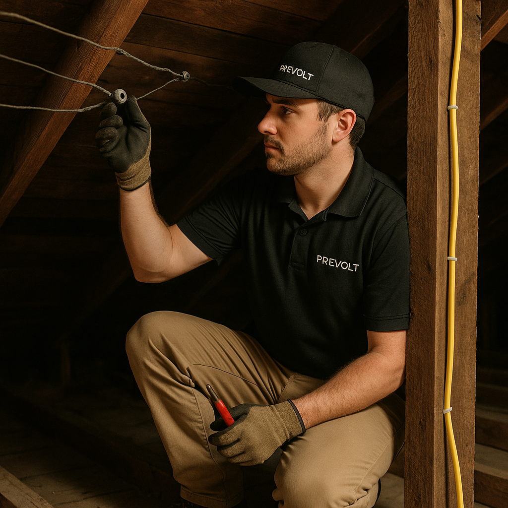 Prevolt Electric technician inspecting old knob and tube wiring in an attic with modern Romex wiring installed nearby in Connecticut home