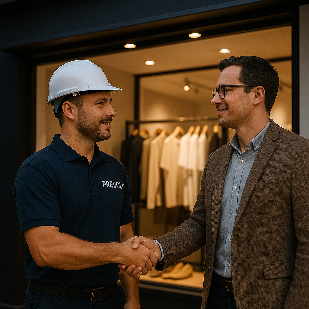 Prevolt Electric technician shaking hands with retail store owner outside a modern storefront after electrical installation completion.