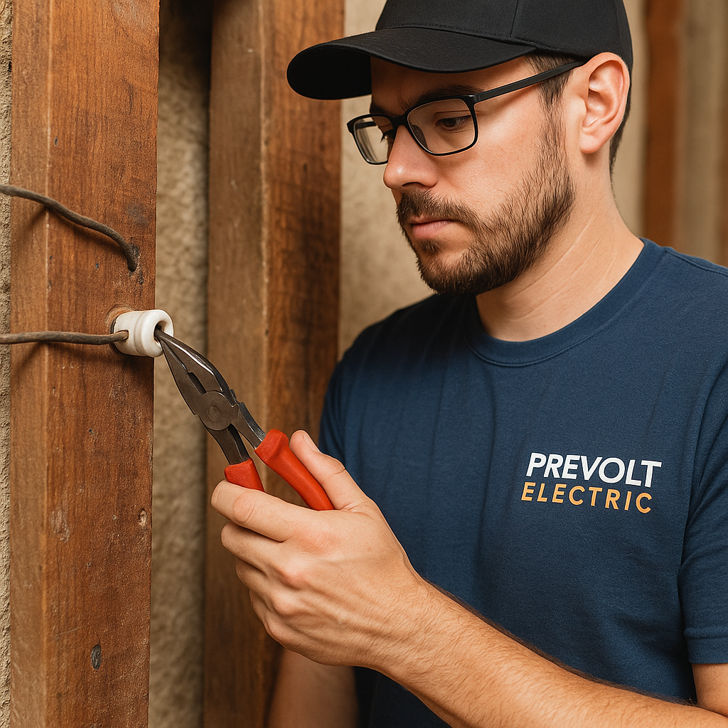 Prevolt Electric technician using pliers to remove a porcelain knob from old knob and tube wiring in a Connecticut home wall cavity