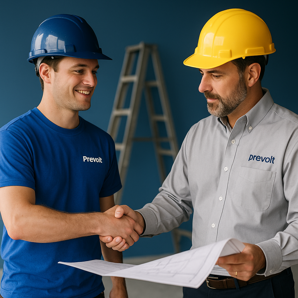 Prevolt Electric technician wearing blue shirt and hard hat shaking hands with supervisor holding electrical plans at a commercial job site, representing teamwork and professional career opportunities in CT and MA.